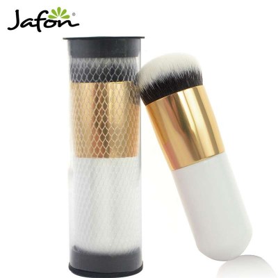 2016 new arrival pink and white wood handle powder foundation brush with round plastic cask